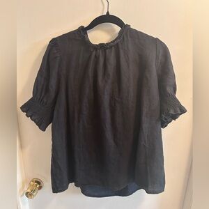 J. Crew Black Linen Ruffled Neck Smocked Sleeve Top Size XL